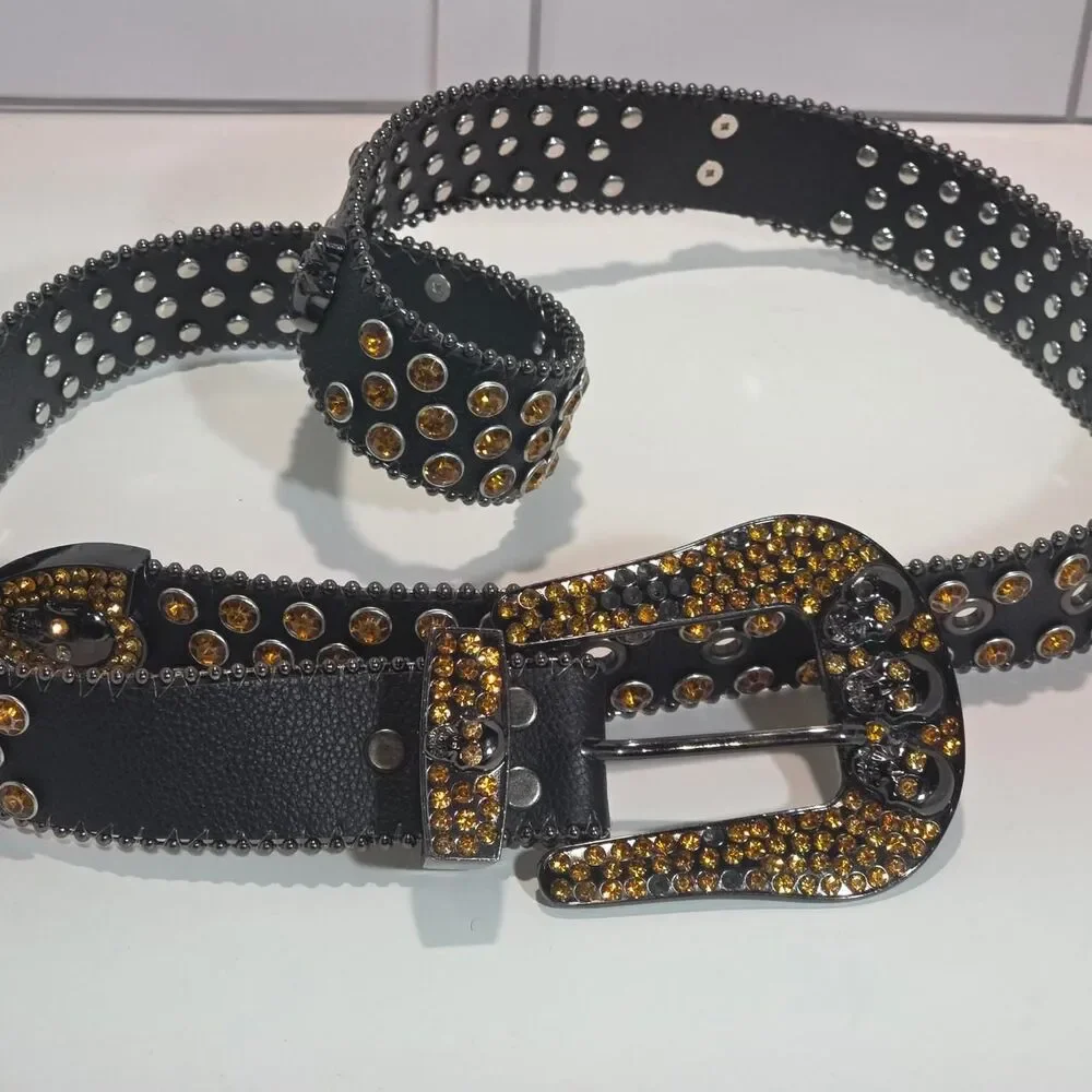 Halloween style leather belt with gold rhinestones and silver studs Women's